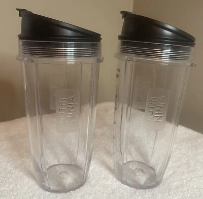 2 Ninja Blender Nutri Ninja 24 Oz Cups Flip Top Lids Fits BL680A BL642 BL641 - Image 1 of 3