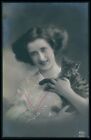 Edwardian Pretty Lady With Her Tabby Cat Original C1910 Old Rppc Photo Postcard
