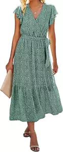 Women Summer Bohemian Floral Casual Wrap V Neck Ruffle Cap Sleeveless Belt A-Lin - Picture 1 of 12