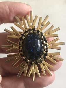 Broche prendedor vintage dorado Sunburst piedra cabujón azul brillante - Imagen 1 de 13