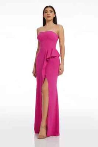 DRESS the POPULATION Fuchsia Barbie Pink Kai Strapless Ruffle Slit Gown L 8/10 - Picture 1 of 6