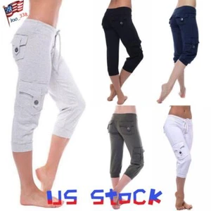 Womens Capri 3/4 Crop Joggers Trousers Casual Jogging Bottoms Skinny Cargo Pants - Picture 1 of 15