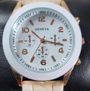 Ladies Geneva Gold Tone & White Quartz Watch Silicone Strap New Battery V.G. - Picture 1 of 13