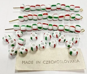 50 Vintage Czech Glass Candy Cane Red, White & Green Striped Holiday Beads 1770 - Picture 1 of 4
