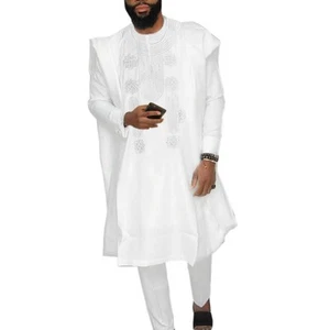 African Man Apparel Agbada Clothing Embroidery Dashiki Shirts and Pants White... - Picture 1 of 7
