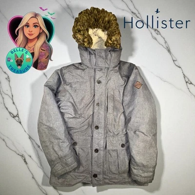 Hollister Mens Large The Coastal Trail Parka Jacket Grey Sherpa Lined Fur Hood - Image 1 of 4