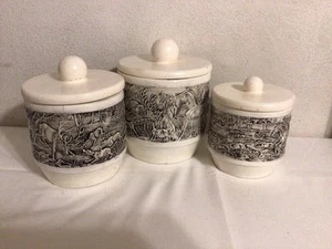 Set Of Three Vinatge Heirloom Mold Black And White Canisters - Picture 1 of 22