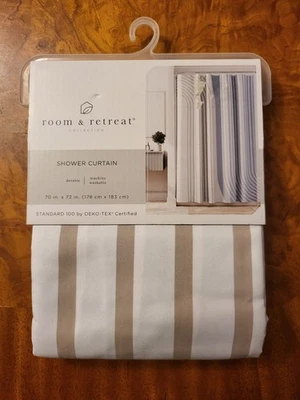 Cortina de Ducha Estándar 70 pulgadas por 72 pulgadas Tostado y Blanco Azul Rayas Variegadas Nueva OEKO Foto 1 de 4