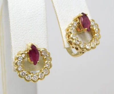 18 kt Yellow Gold Pair of Marquise Ruby & Halo Diamond Cluster Earrings B9021 - Image 1 of 4