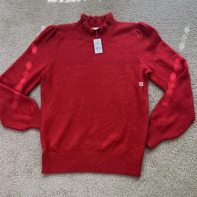 NEW Loft Woman Red Sweater Ruched Sleeves Mid High Neck Size XS Super Soft - Image 1 of 4