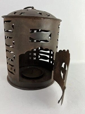 Rustic 8” Metal Candle Holder Tea Light Candle. Door W/Latch & Top loop FISH - Image 1 of 4