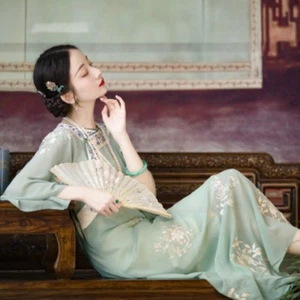 Lady Chinese Chiffon Sheer Cheongsam Embroidery Floral Long Dress Without Lining - Picture 1 of 10