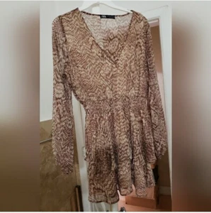 Zara Snake Skin Patterned Long Sleeve Blouson Dress Brown/cream Size Medium - Picture 1 of 6