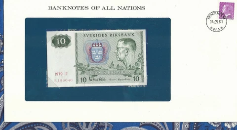 Banknotes of All Nations Sweden 10 Kronor 1979 serie F P-52d UNC BIRTHDAY 199040 Cover