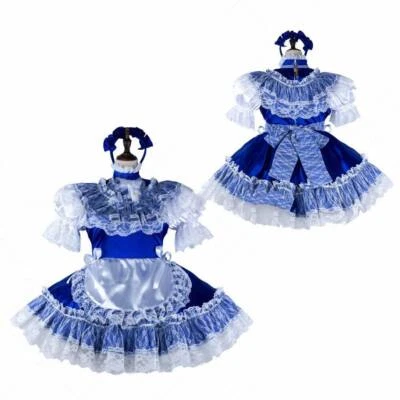 Maid sissy girl lockable blue satin dress cosplay costumes tailor-made - Image 1 of 2