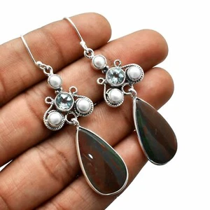 Pendientes de plata esterlina 925 maciza Bloodstone joyería 2,4" SE-4326 - Imagen 1 de 1