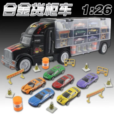 18pcs Toy Truck Transport Car Carrier 2-Sided Includes 6 Toy Cars and Accessorie - Image 1 of 4