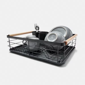 Black Dish Drying Rack With Drip Tray Cutlery Rack And Wooden Handle Kitchen - Picture 1 of 9