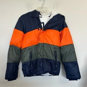 Abercrombie Kids Hooded Colorblock Puffer Jacket Navy, Orange, Olive size 13/14 - Picture 1 of 9