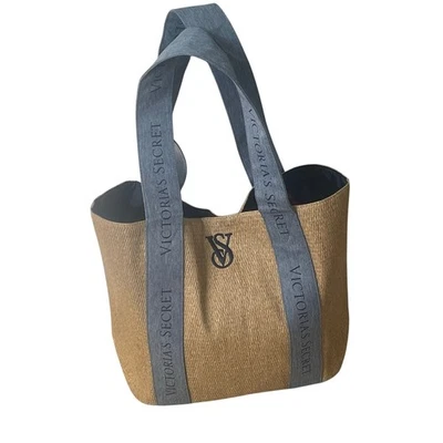 Victoria's Secret Straw Tote Bag with Blue Logo Straps - Large Weekender Bag - Image 1 of 4