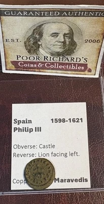 Spain, Philip III, 2 Maravedis 1598-1621 Castle of Leon, Lion Facing Left CM25 - Image 1 of 4