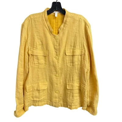 Eileen Fisher Organic Linen Shacket Mustard Yellow Button Front Womens Size XL - Image 1 of 4
