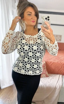 Top Vintage Años 90 Blanco Crochet Perla Manga Larga Mezcla Algodón Talla Grande  Foto 1 de 4