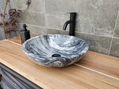 Fregadero de baño redondo de mármol, lavabo de baño gris negro de 16 x 16 pulgadas Foto 1 de 4