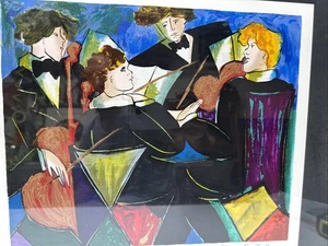 Linda Le Kinff Art serigraph Signed 50/50 Musicians Quartet Cello Blue 23x20” - Picture 1 of 24