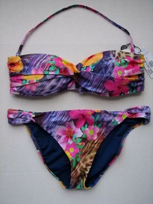 Nanette Lepore Bandeau Bikini Pink Purple Floral 2 Piece Swim Bathing Suit L - Image 1 of 4