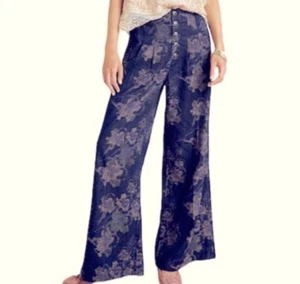 Anthropologie Pilcro Jacquard Pants Floral Wide Leg Cotton Blend Blue Sz 29 - Picture 1 of 10