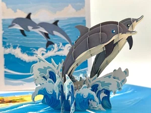 ORIGAMI POP CARDS Dolphin Couple Swimming in Ocean Happy V Day 3D Pop Up Card - Picture 1 of 10