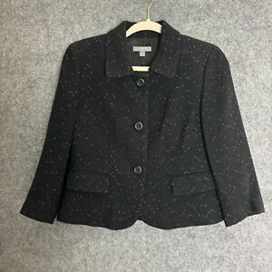 Ann Taylor Blazer Jacket Womens Petite 6P Black Speckled Tweed 3/4 Sleeve Wool