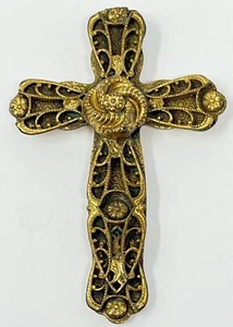 Antique Victorian Filigree Cross Dress Fur Scarf Clip Brass - Picture 1 of 4