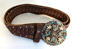 Leatherock Turquoise Genuine Leather Belt 5418 Embellished USA Size S 32" X 1.75 - Picture 1 of 11