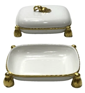 Rara scatola portagioie vintage Vista Alegre VA Portugal con coperchio vassoio nappa oro e piedi dorati - Foto 1 di 11