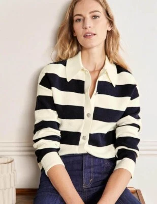 Cárdigan BODEN Azul Marino y Marfil Joya Botón Rayas Cuello Reino Unido 16 - 100% Algodón Foto 1 de 4