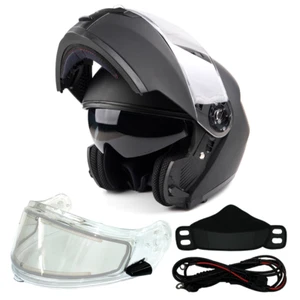 Matte Black Adult Modular Flip Up Snowmobile Helmet w/ Dual Lens Heated Shield - Picture 1 of 10