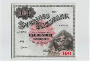 SWEDEN 100 Kronor 1958, P-45d, L,433634, EF Grade, Pretty Banknote. A7 - Picture 1 of 2