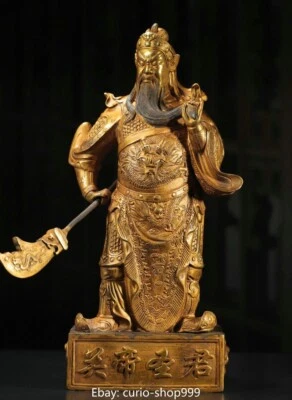 17.7" Chino Bronce Dorado Fengshui Dragón Guan Gong Yu Guerrero Dios Cuchillo Estatua Foto 1 de 4