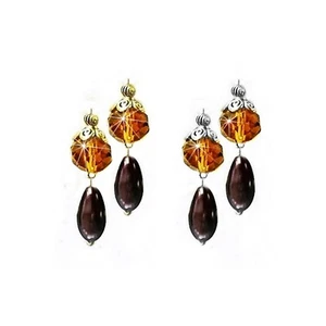 Earrings, Gold Brown crystal and pearl double drop, choose Clip on or Pierced - Picture 1 of 4