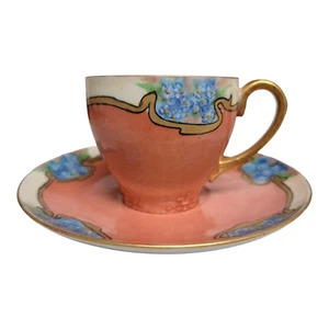 GDA France Art Deco Bone China Demitasse Cup Saucer Coral Blue Floral - Picture 1 of 7