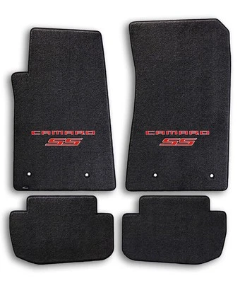 2010-2015 Chevrolet Camaro 4pc Black Carpet Floor Mats w Red SS Logo on Fronts - Image 1 of 4