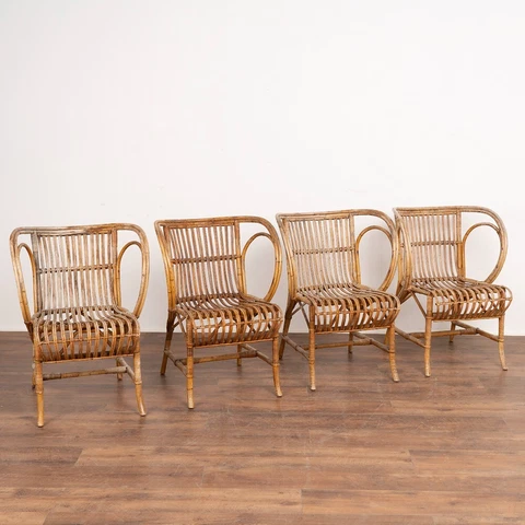 Vintage Set of 4 Bamboo Wicker Arm Chairs by Robert Wengler, Denmark 1960's Cover