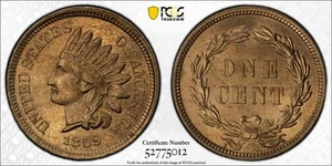 1859 P Small Cents Indian Head PCGS MS-64 - Picture 1 of 3