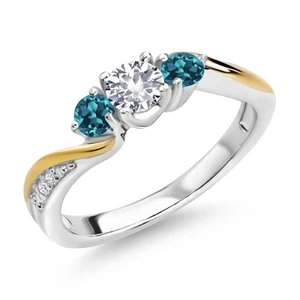 925 Silver and 10K Yellow Gold White Created Sapphire London Blue Topaz and - Picture 1 of 3
