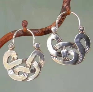 Geometric Cross Over Hollow Hoop Earrings Bohemian Ethnic Vintage Style Silver - Picture 1 of 1