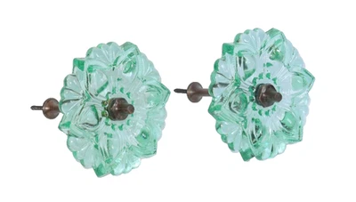 (2) Vintage Victorian Glass Curtain Drapes Tie Back Green Flower with Hardware - Image 1 of 4