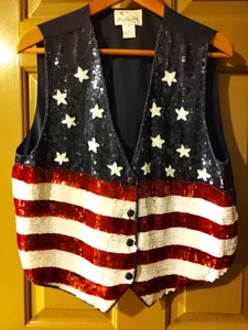 Quacker Factory Sequined Patriotic Vest Womens Medium USA American Flag July 4th - Picture 1 of 4