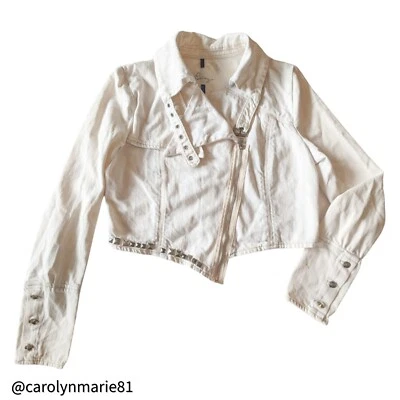 PENCEY OffWhite 牛仔耳钉装饰摩托夹克 M 码 100% 棉不对称 — 第 1/4 张图片